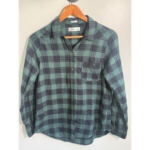 Hollister Womens Green Navy Blue Plaid Flannel Shirt Boyfriend Fit Small S